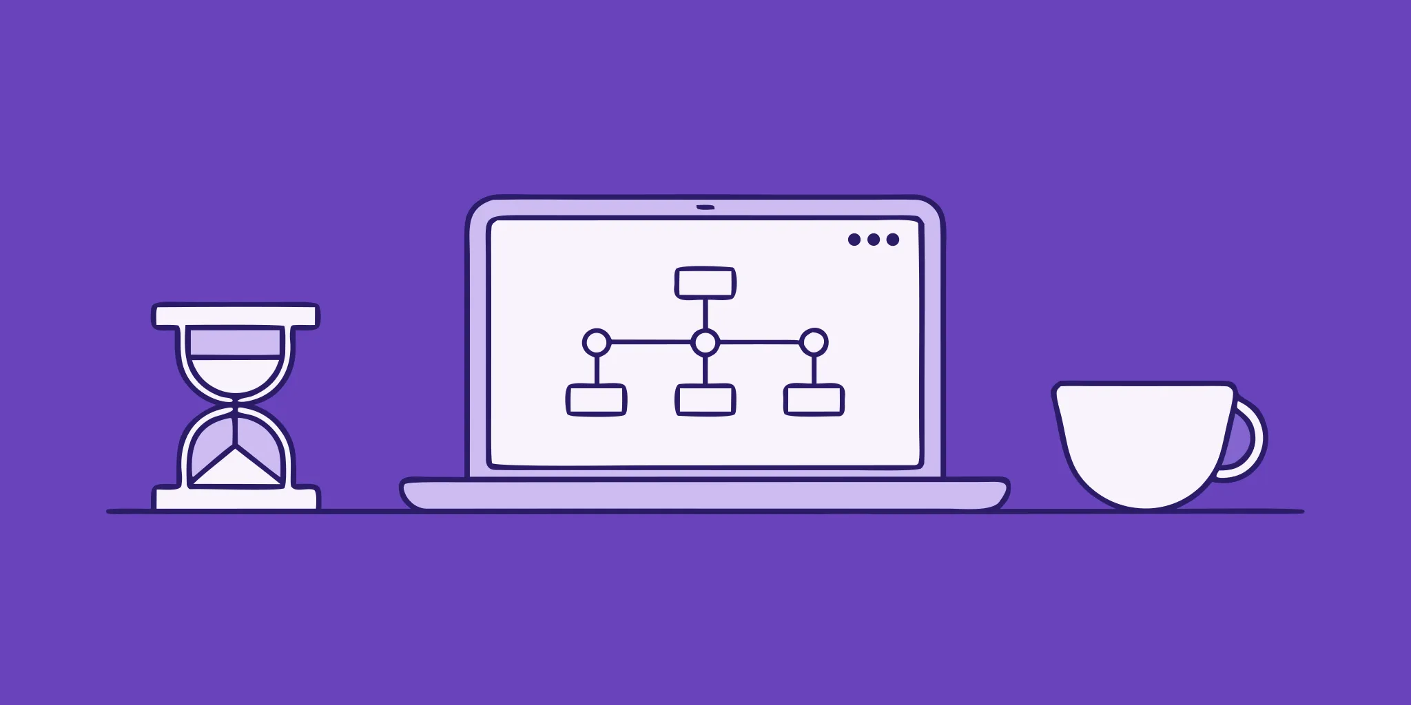 A desk with a flowchart, hourglass, and coffee, set up to define and practice diligence for success.
