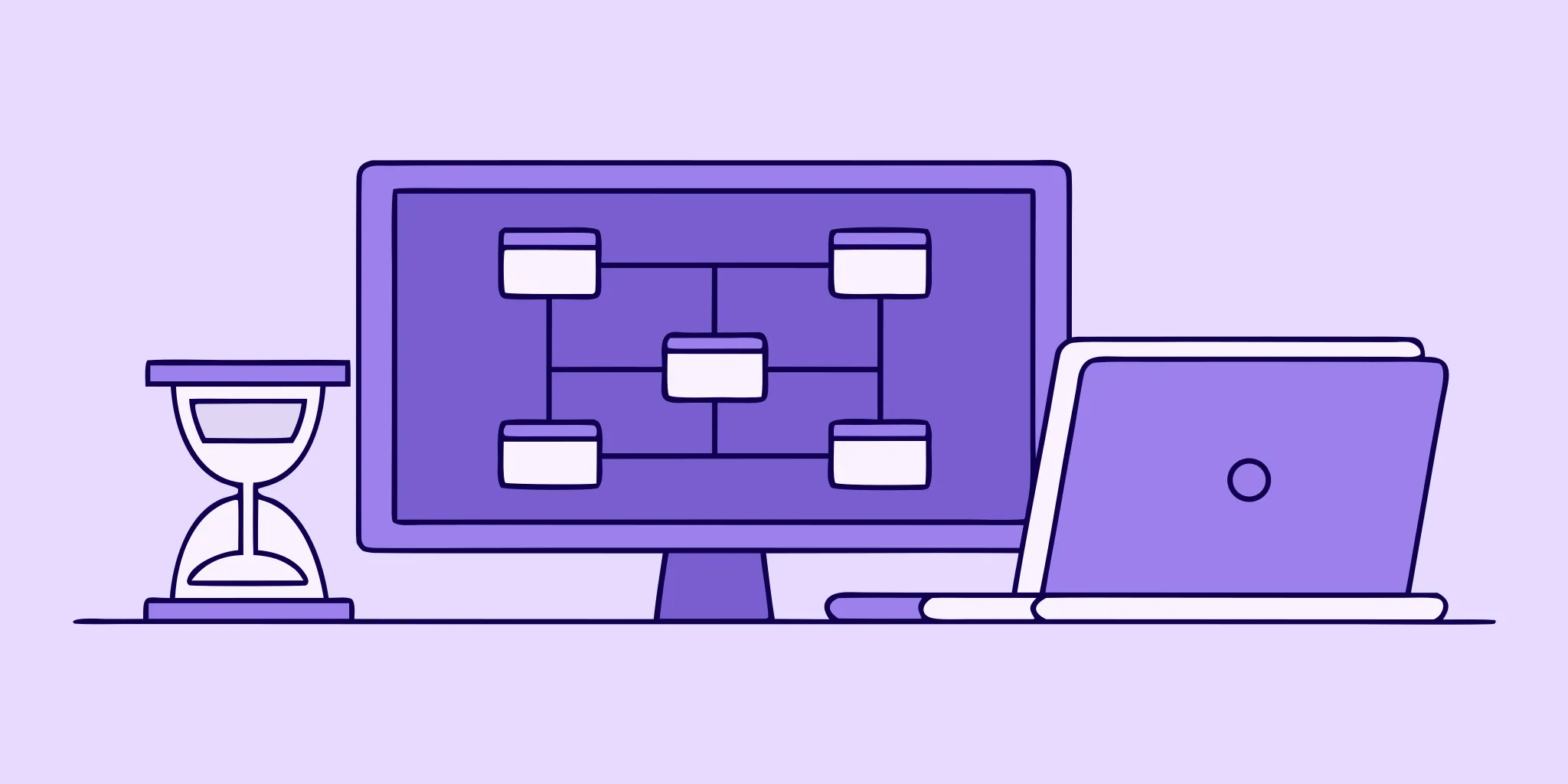 A computer screen shows a flowchart for the RFQs process, alongside a laptop and hourglass for procurement management.