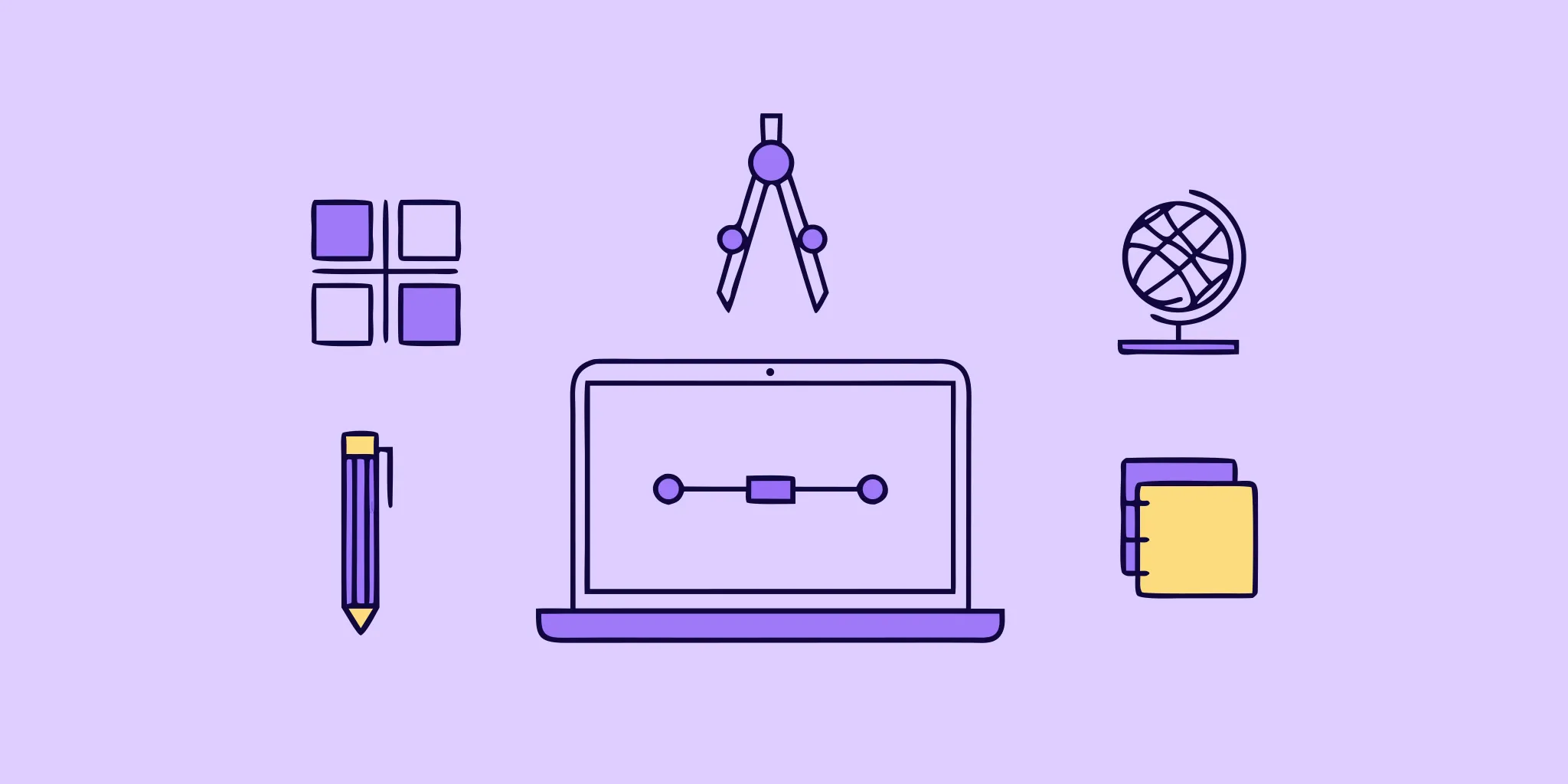 Essential icons for a global sourcing strategy, featuring a laptop, compass, globe, and notebook.