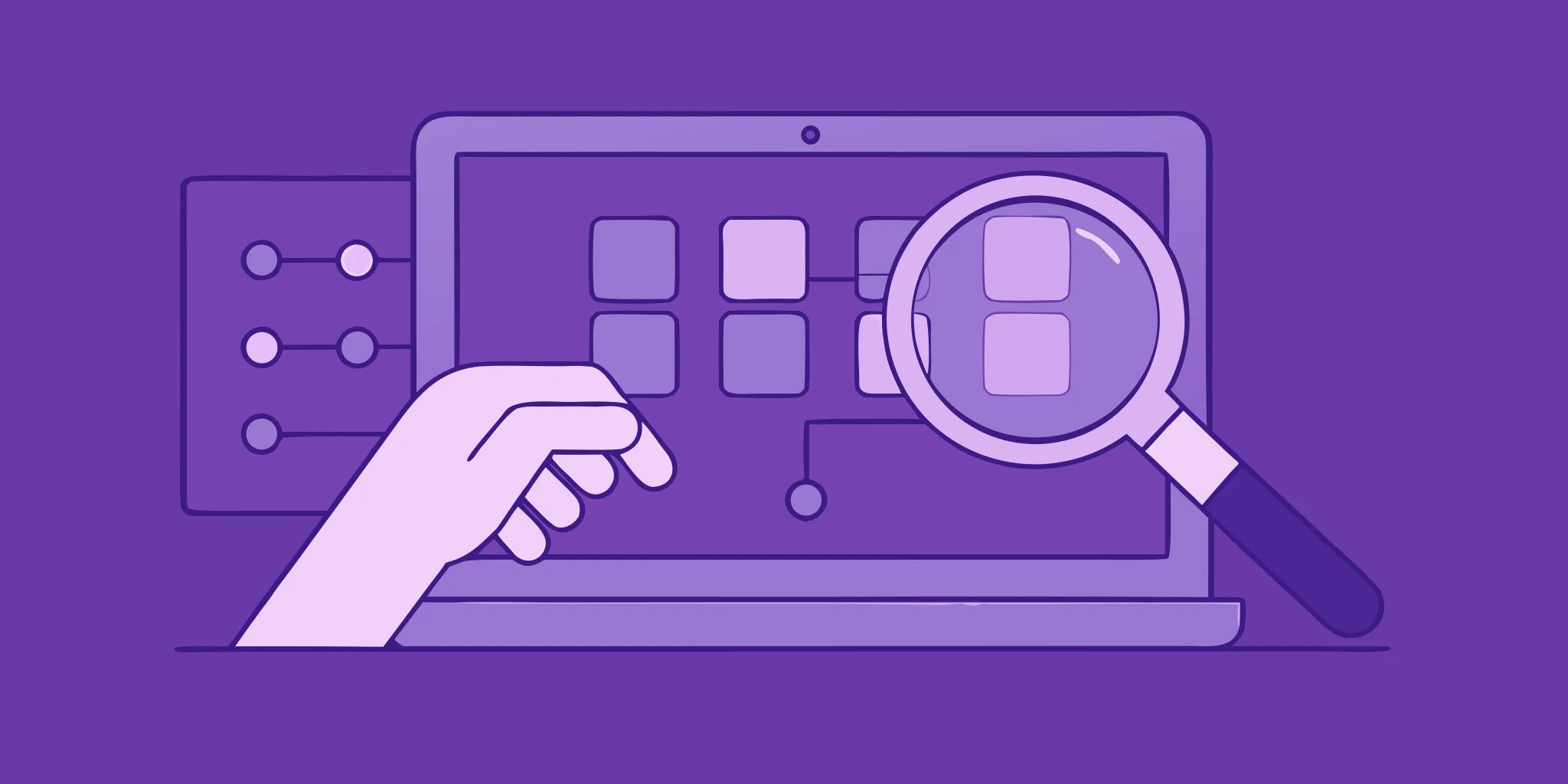 A hand holding a magnifying glass to define the subject matter on a laptop.