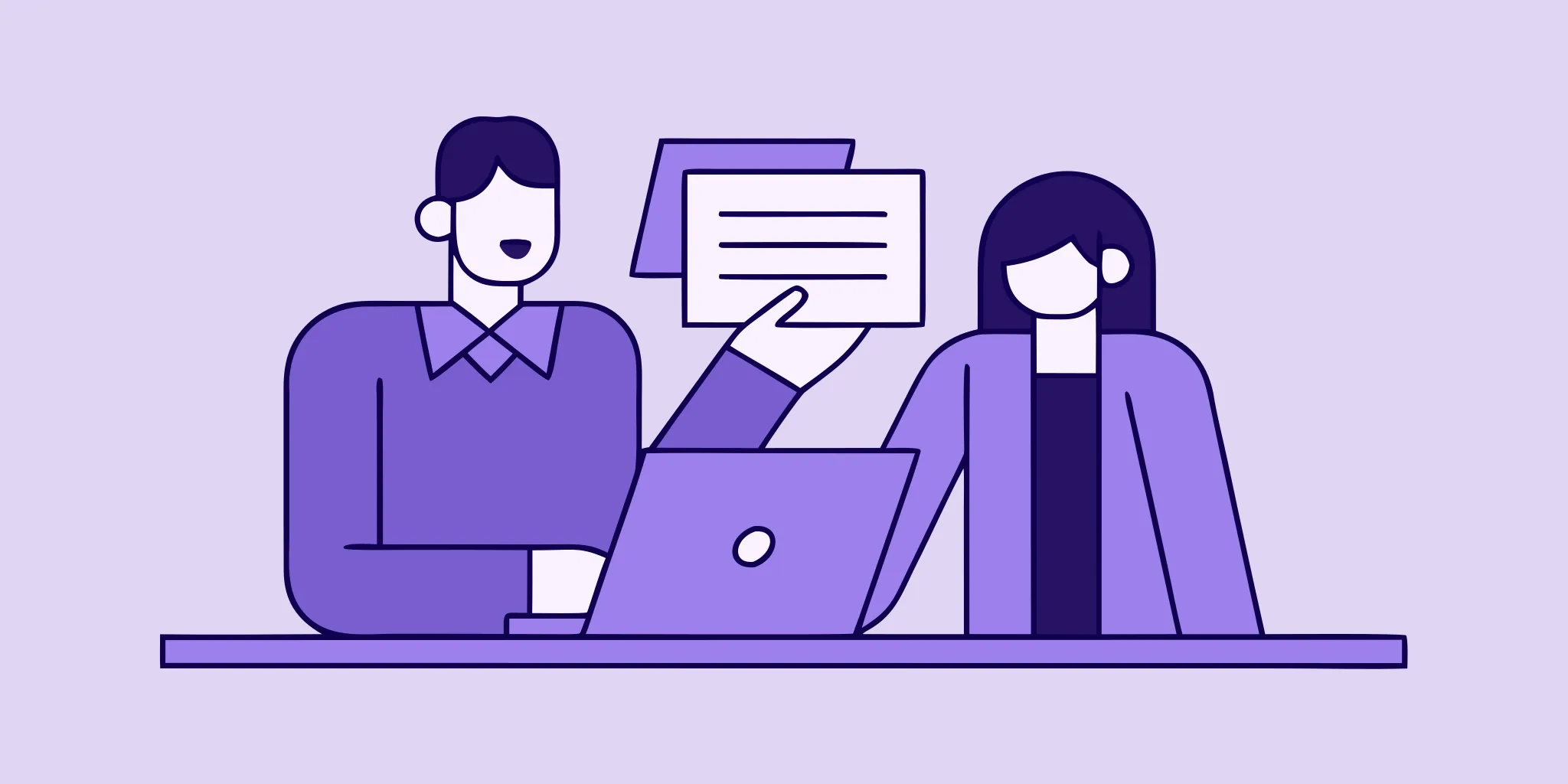 An SME expert collaborates with a colleague at a desk to write a better business proposal.