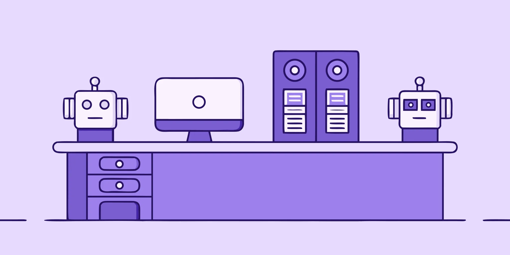 Robots and servers on a desk streamlining a sales process with automation technology.