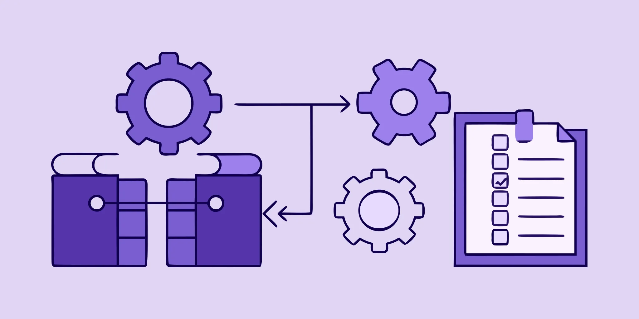 A checklist, books, and gears comparing the strategic differences in sourcing and procurement.