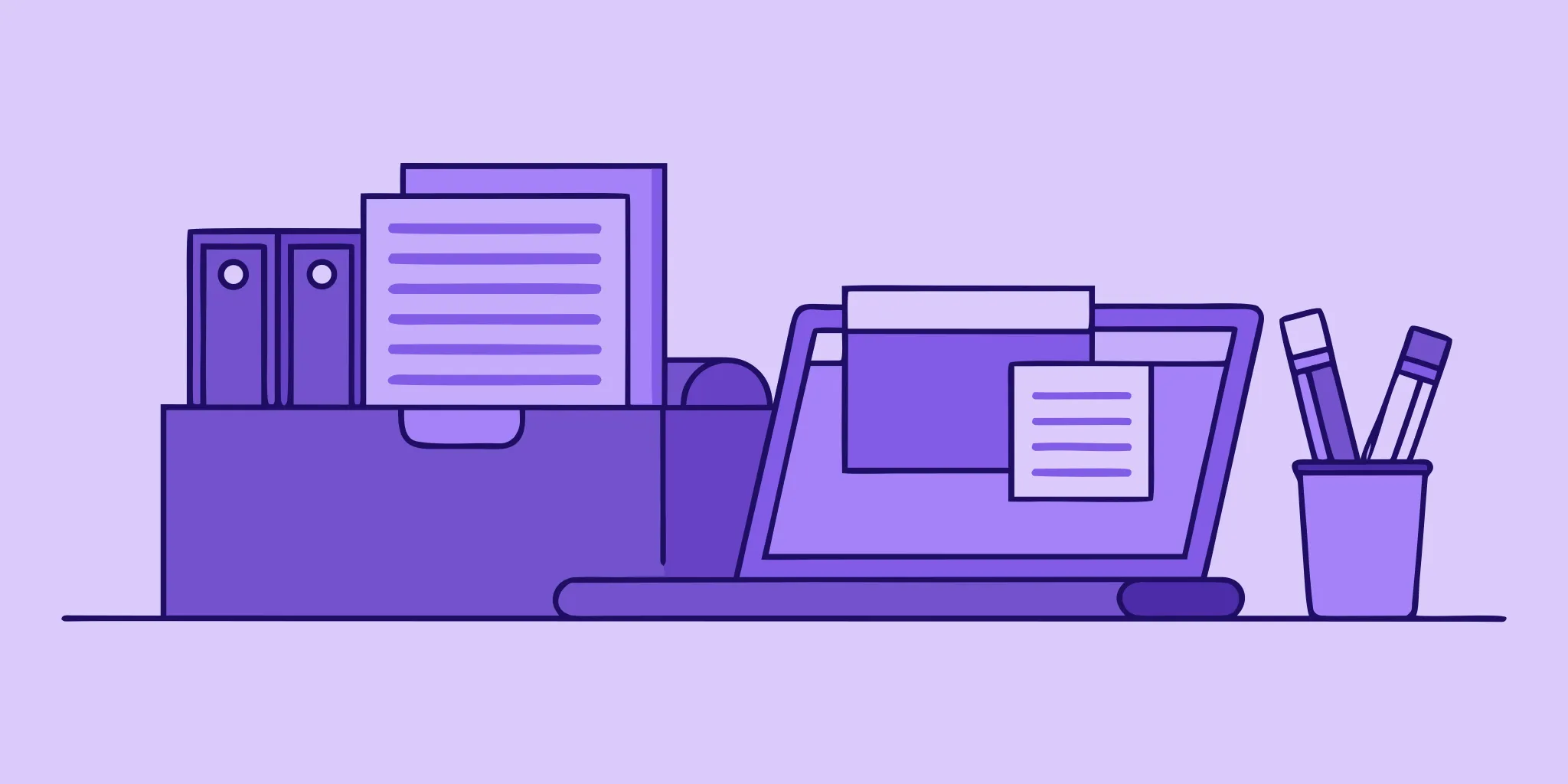 An organized desk with an RFP example, supporting documents, and a laptop.