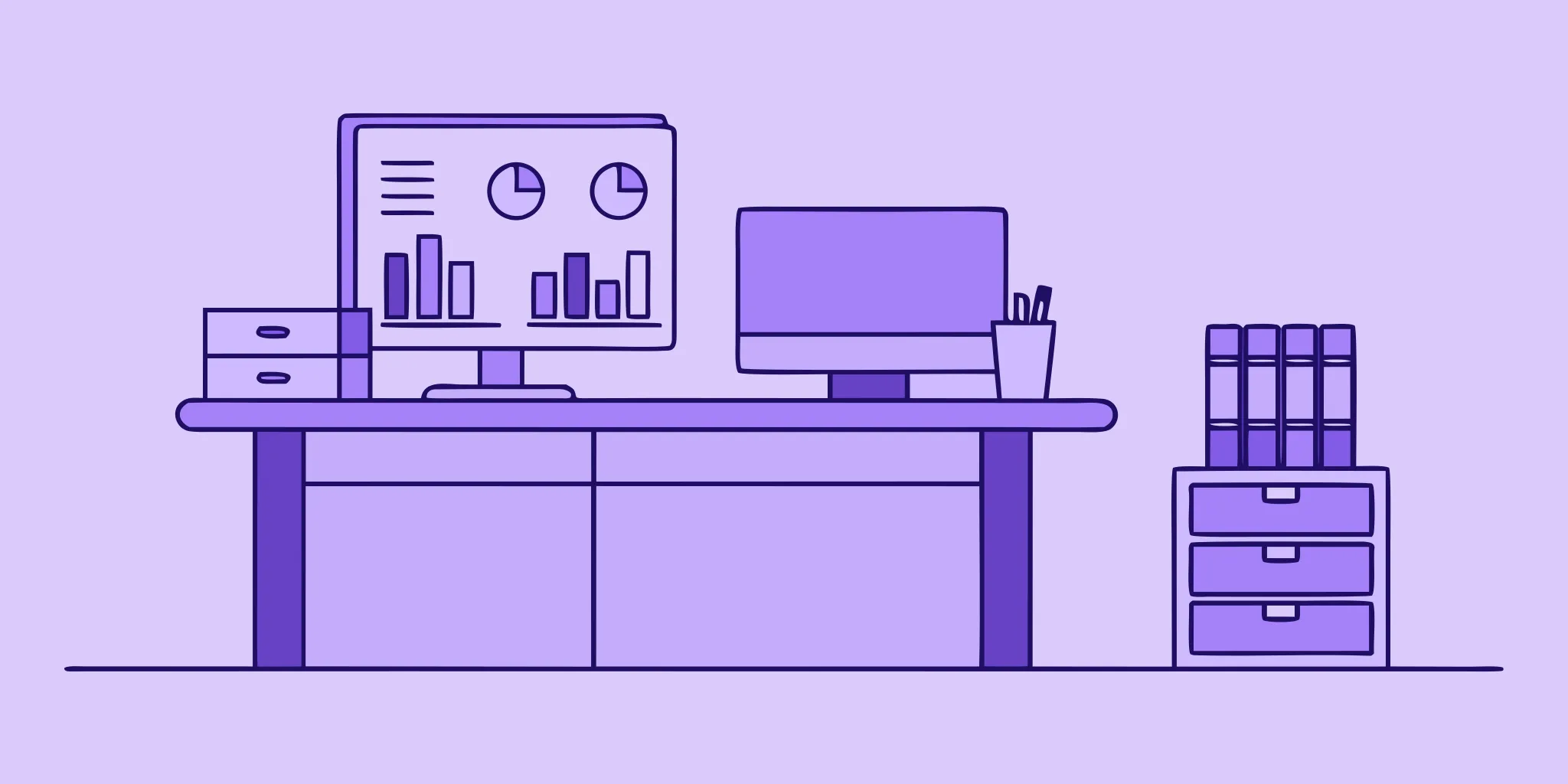 A purchasing manager's desk with dual monitors showing supply chain charts and purchasing data.
