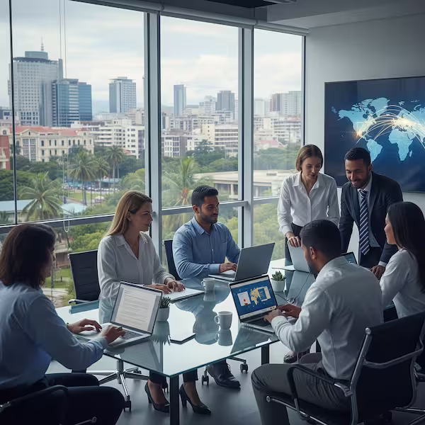 Collaboration experts européens et malgaches dans un bureau moderne, symbole de l’outsourcing 2025.
