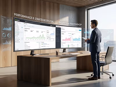 Entrepreneur comparant Shopify et PrestaShop sur un écran pour choisir une solution e-commerce.
