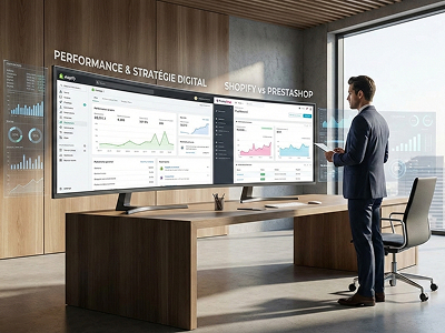 Entrepreneur comparant Shopify et PrestaShop sur un écran pour choisir une solution e-commerce.