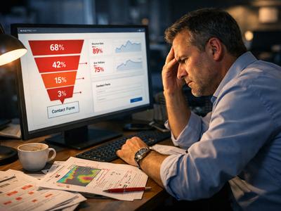 Schéma tunnel conversion B2B avec 6 points de friction identifiés pour PME