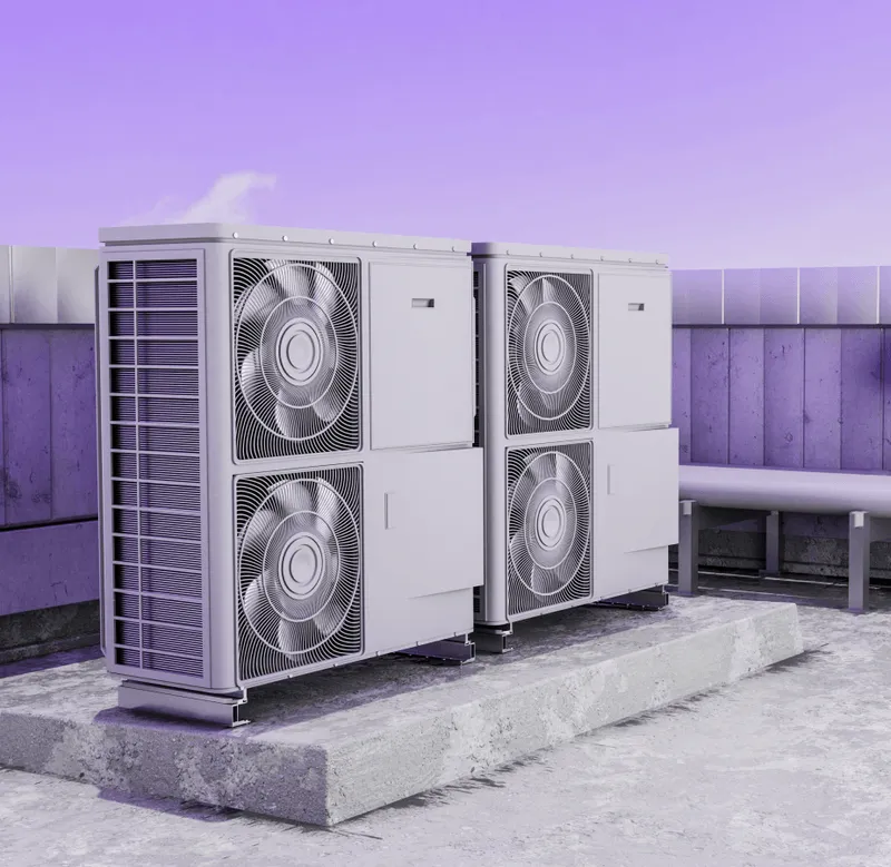 Two large air conditioning units on a concrete platform with purple background