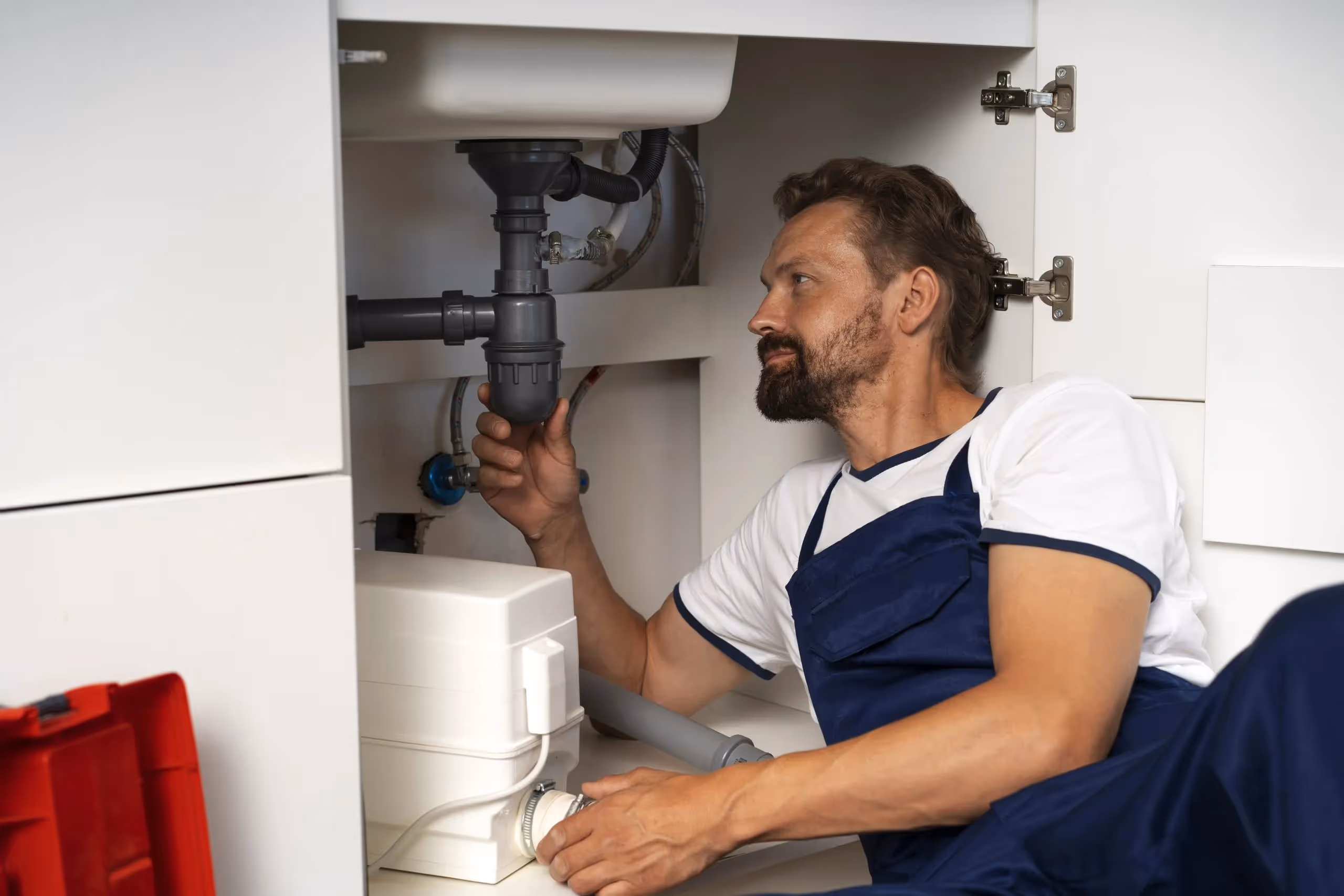 Plumber in blue apron fixing pipes under kitchen sink