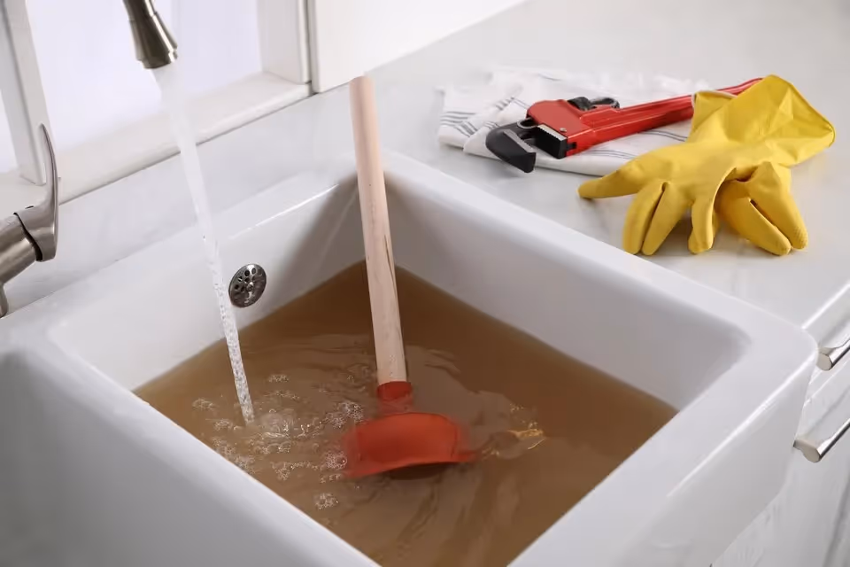 Plunger in sink full of murky water with cleaning gloves and tools