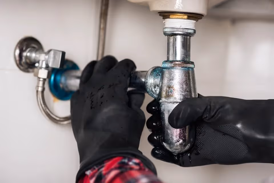 Hands in black gloves fixing a metal pipe under a sink