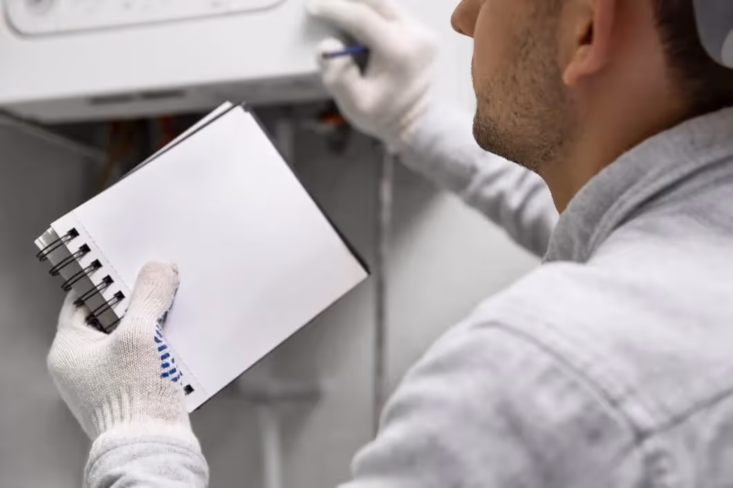 Gloved hand holding white notebook near industrial equipment