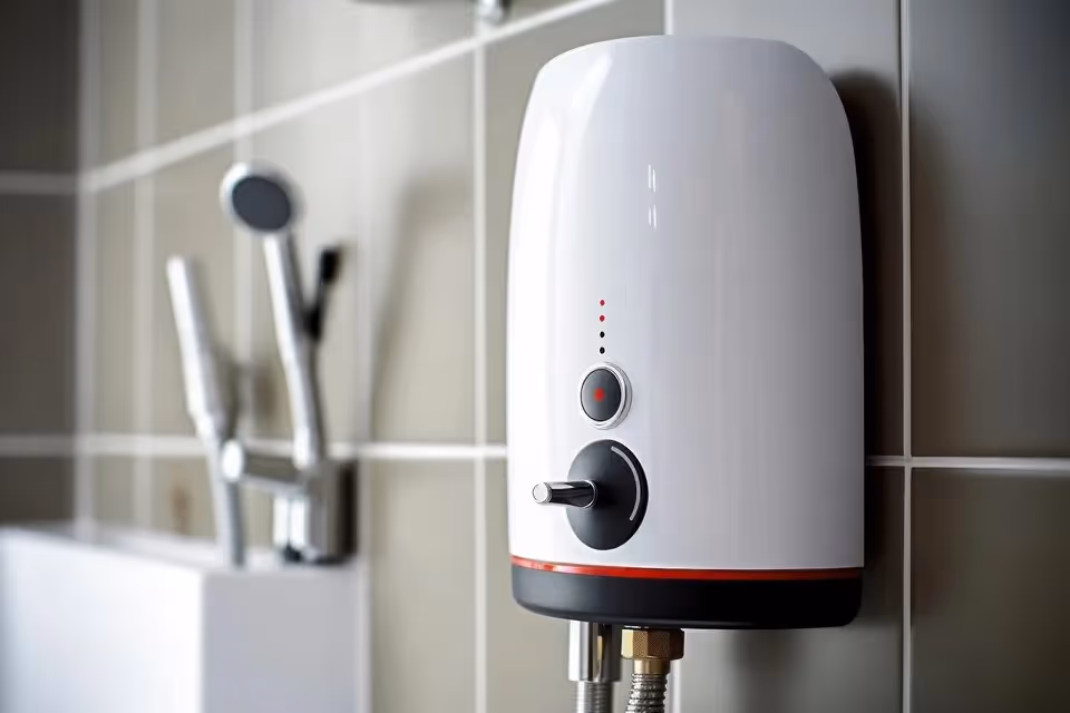 White and black electric water heater mounted on tiled bathroom wall