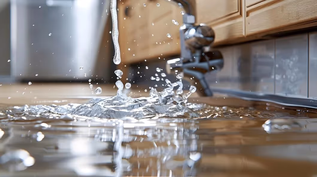 Water droplets splashing in slow motion on kitchen counter near faucet