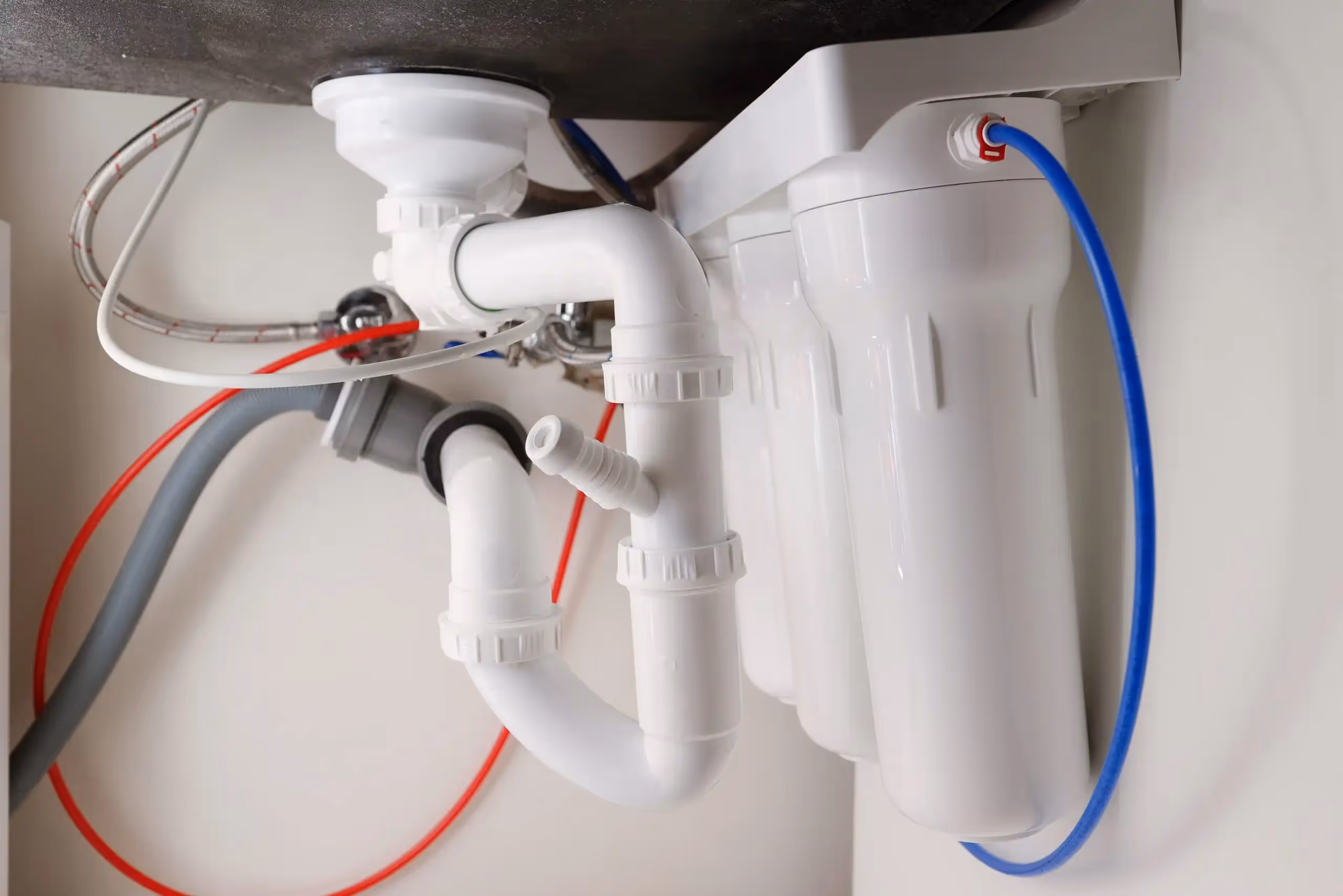 White water filtration system with colored pipes and connections
