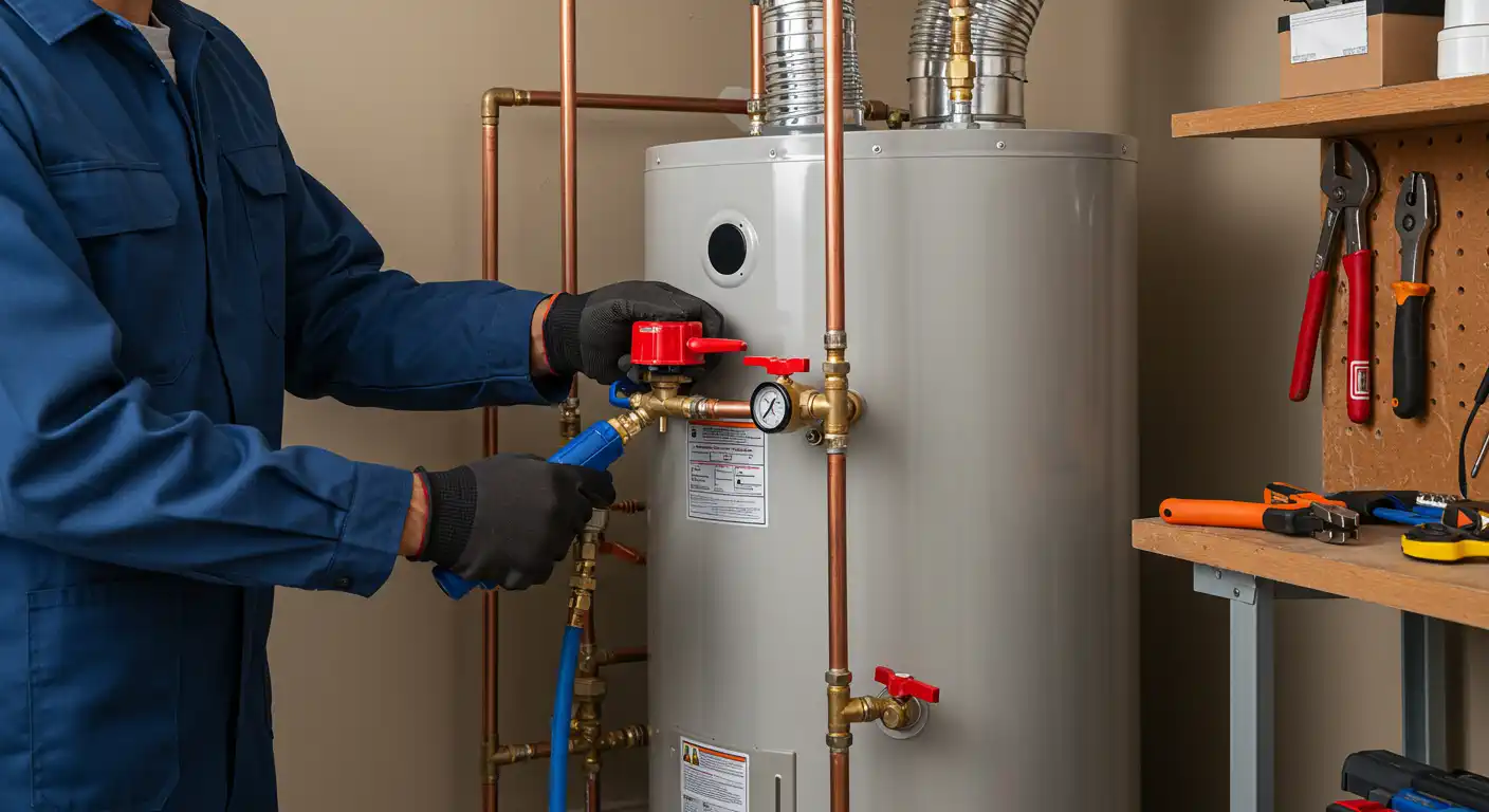 A plumber, wearing a blue uniform and black gloves, is using a tool to work on a red valve attached to the side of a large, gray water heater. The water heater is connected to copper pipes with various gauges and valves. A blue hose is also connected to the system. In the background, there is a workshop area with shelves, a pegboard with tools hanging on it, and a large corrugated vent pipe coming from the top of the water heater.
