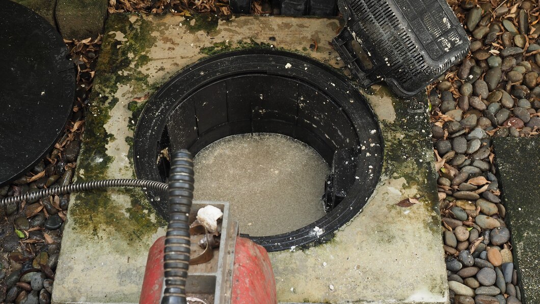 Manhole cover with drainage pipe and rocks, surrounded by debris and leaves