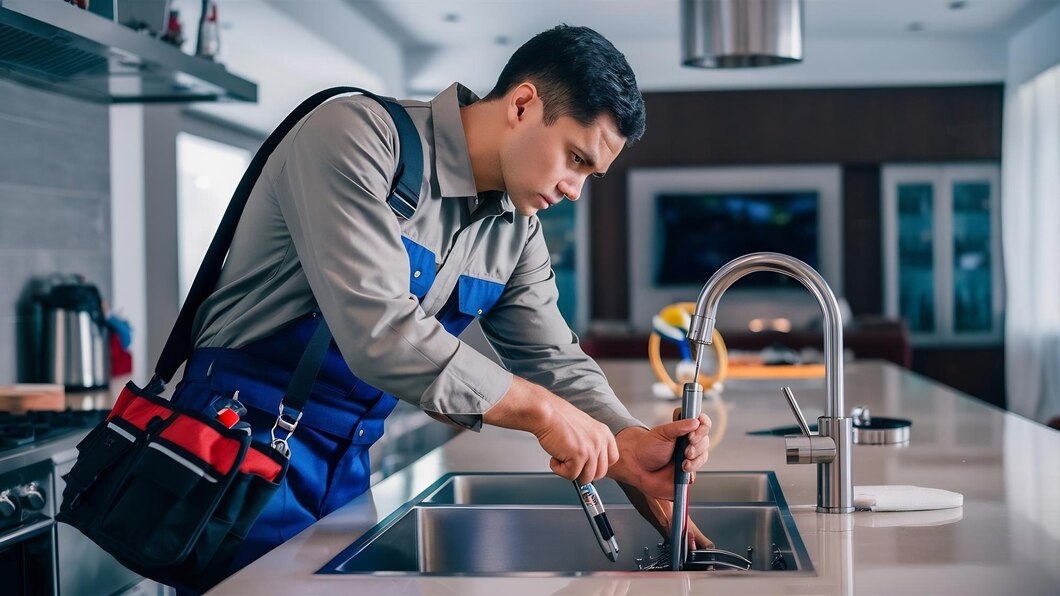 Plumber in blue uniform fixing kitchen sink with tools