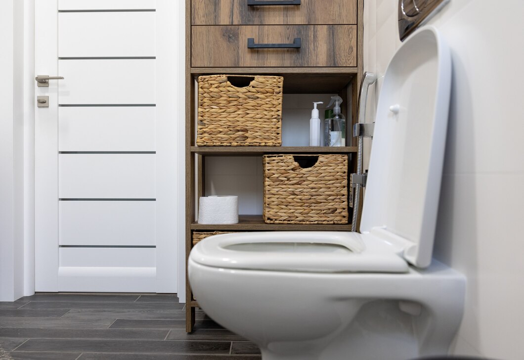 Modern bathroom with wooden shelf, woven baskets, and white toilet