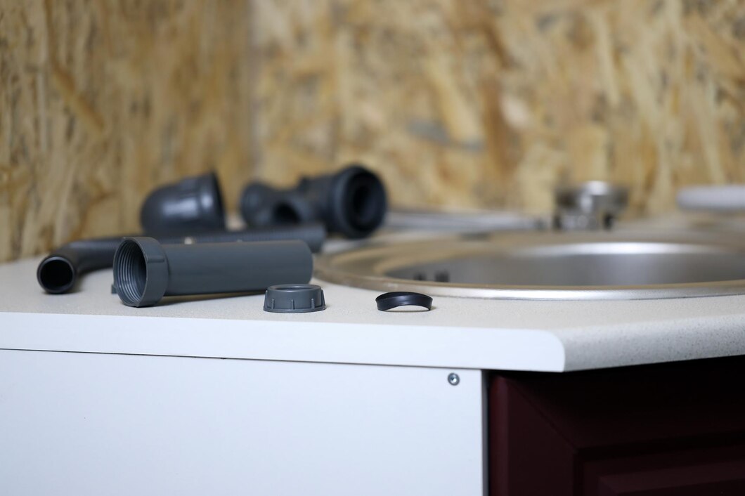 Gray plumbing pipes and fittings on a white surface near a sink