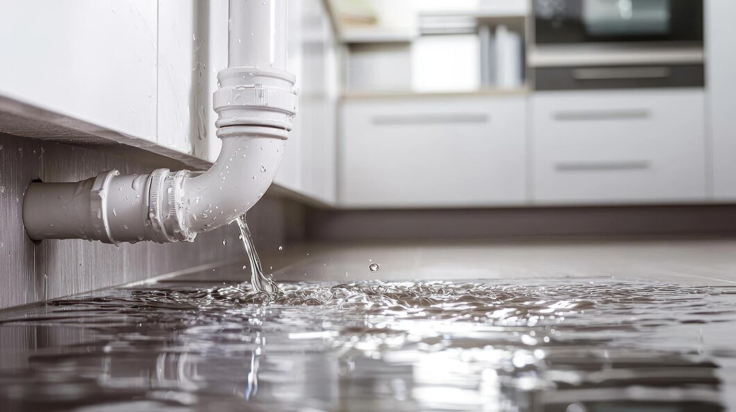 Water dripping from a leaky pipe onto a kitchen floor