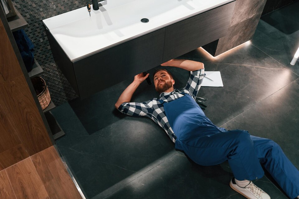 Tired worker lying on floor next to bathroom sink