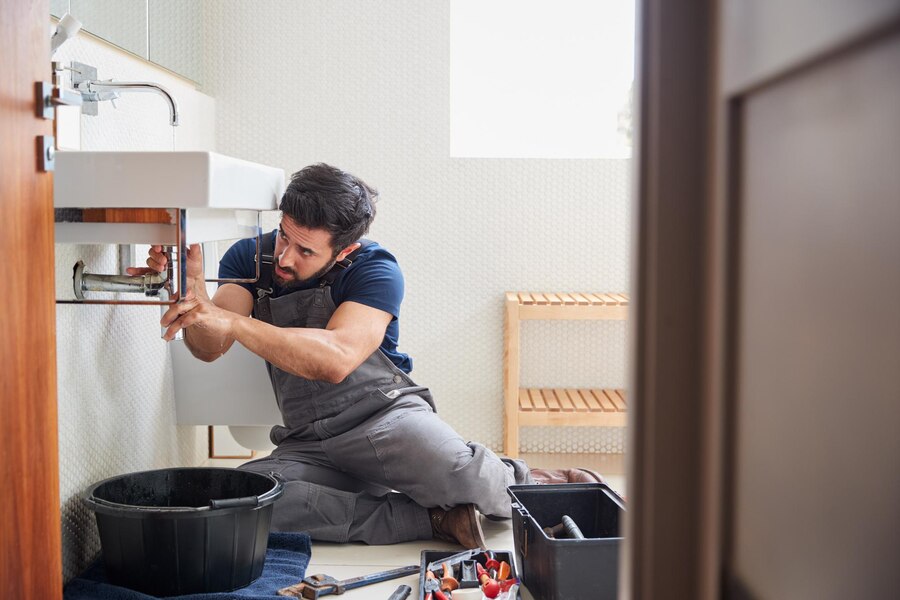 Plumber fixing sink pipes under bathroom washbasin with tools nearby