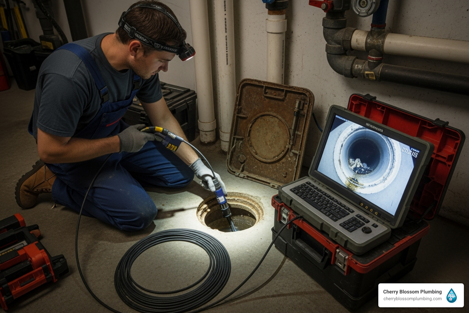 Technician using camera inspection equipment to examine plumbing pipes