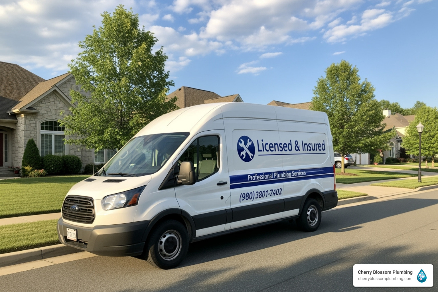 White licensed plumbing van parked on suburban street with trees