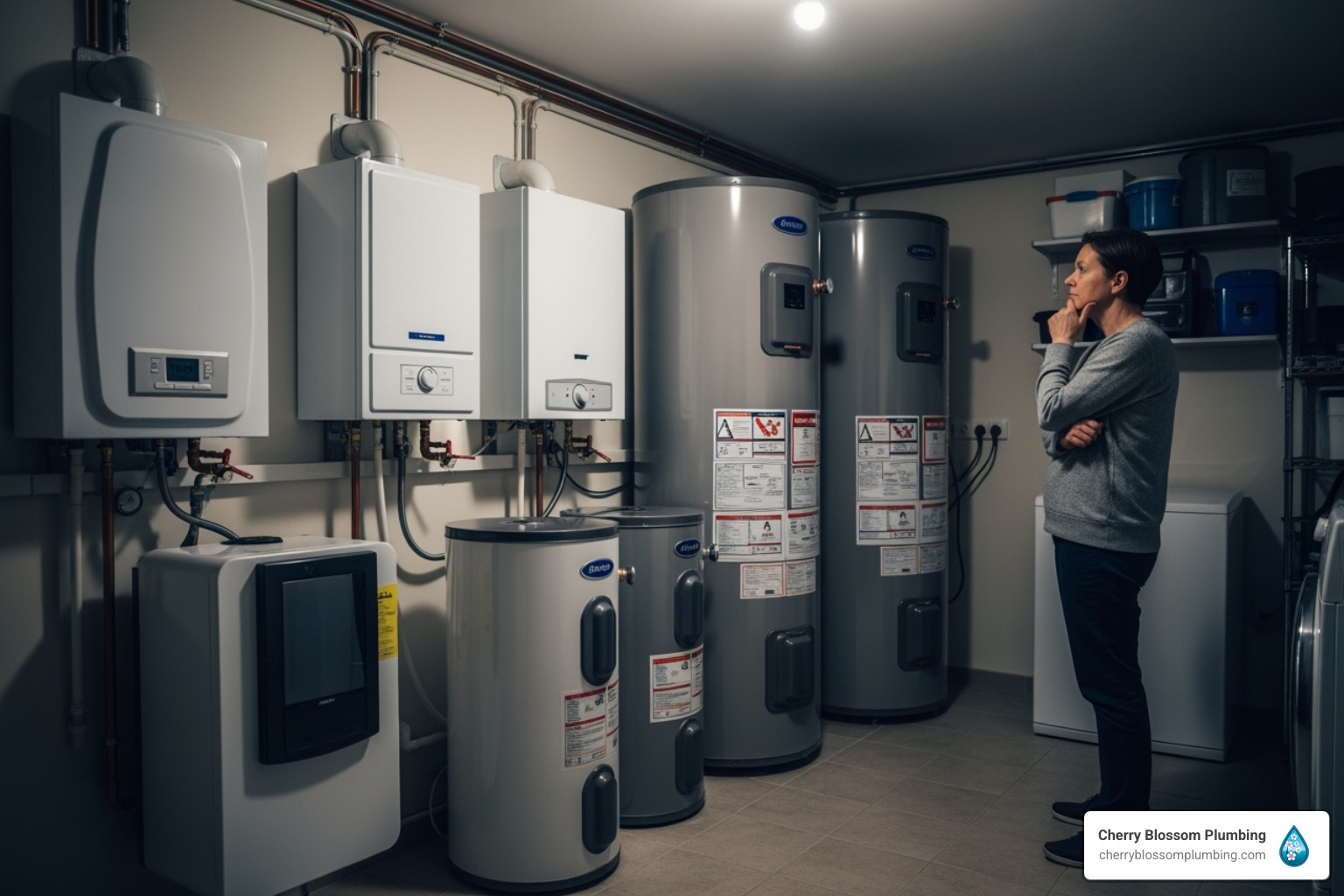 Person examining water heaters and boilers in mechanical room