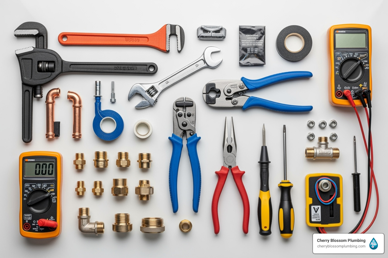 Assorted plumbing tools and equipment neatly arranged on white background