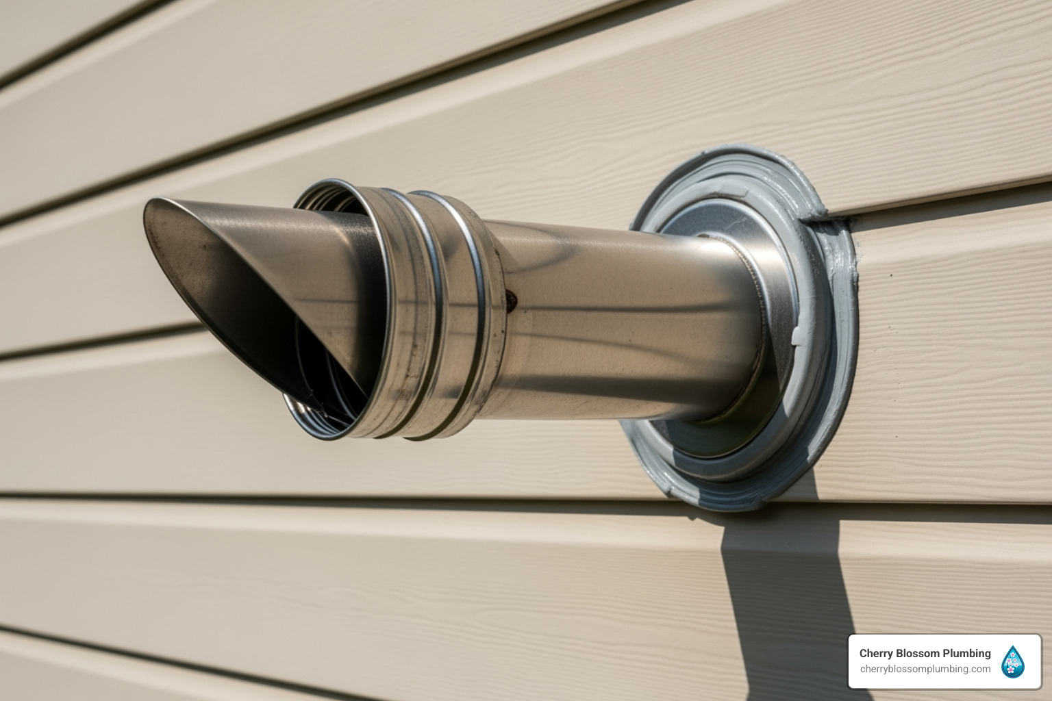 Metal exhaust vent pipe protruding from white siding on building exterior