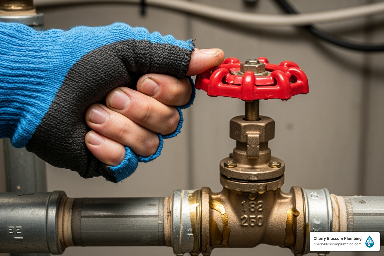 Hand in blue glove turning red valve on industrial plumbing pipe