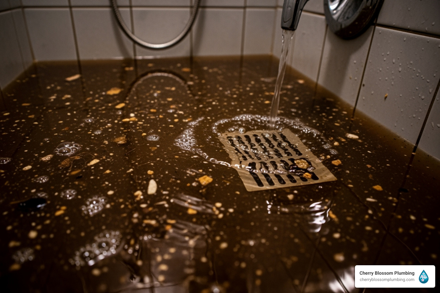 Water overflowing with debris around shower drain