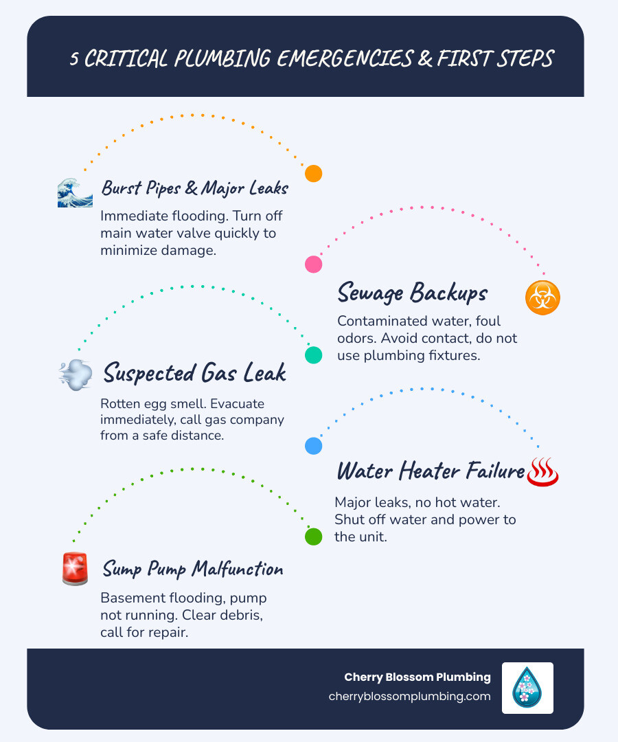 Infographic showing 5 critical plumbing emergencies and recommended first steps
