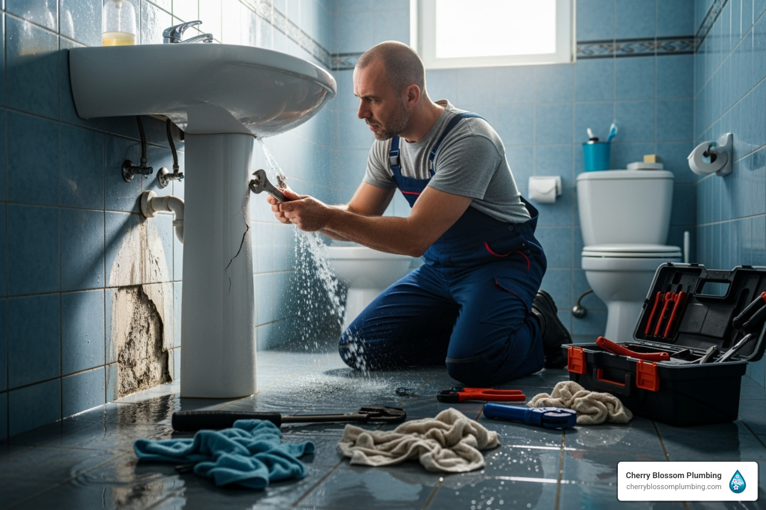 Plumber fixing leaky sink pipe with water spraying in blue bathroom