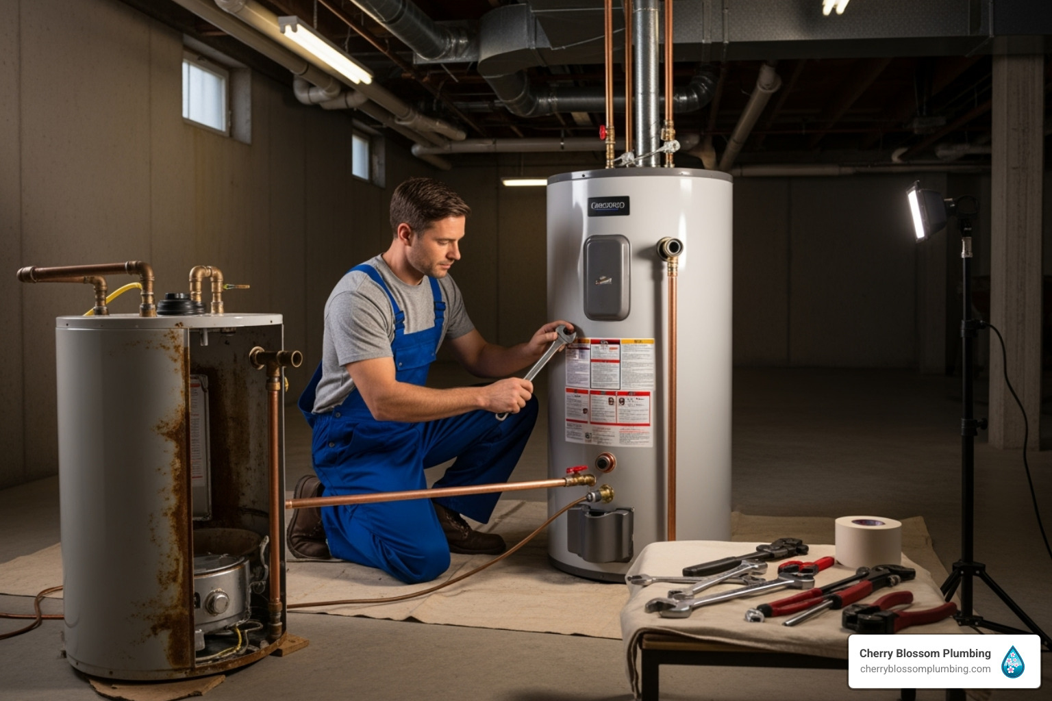Plumber installing water heater with tools in industrial basement setting
