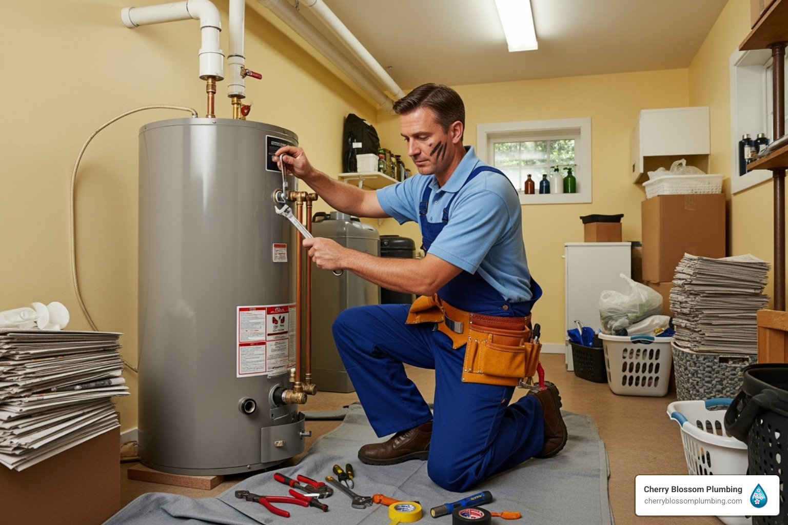 Plumber repairing water heater with tools in residential utility room
