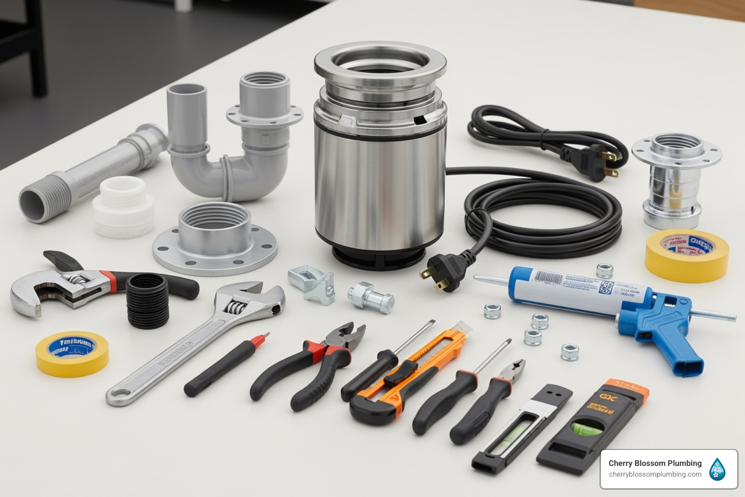 Assorted plumbing tools, pipes, electrical components, and measurement devices