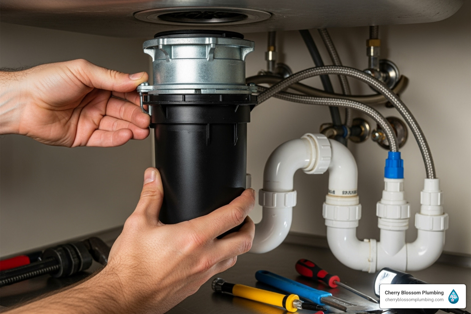 Hands installing a black plumbing fixture under a sink with tools