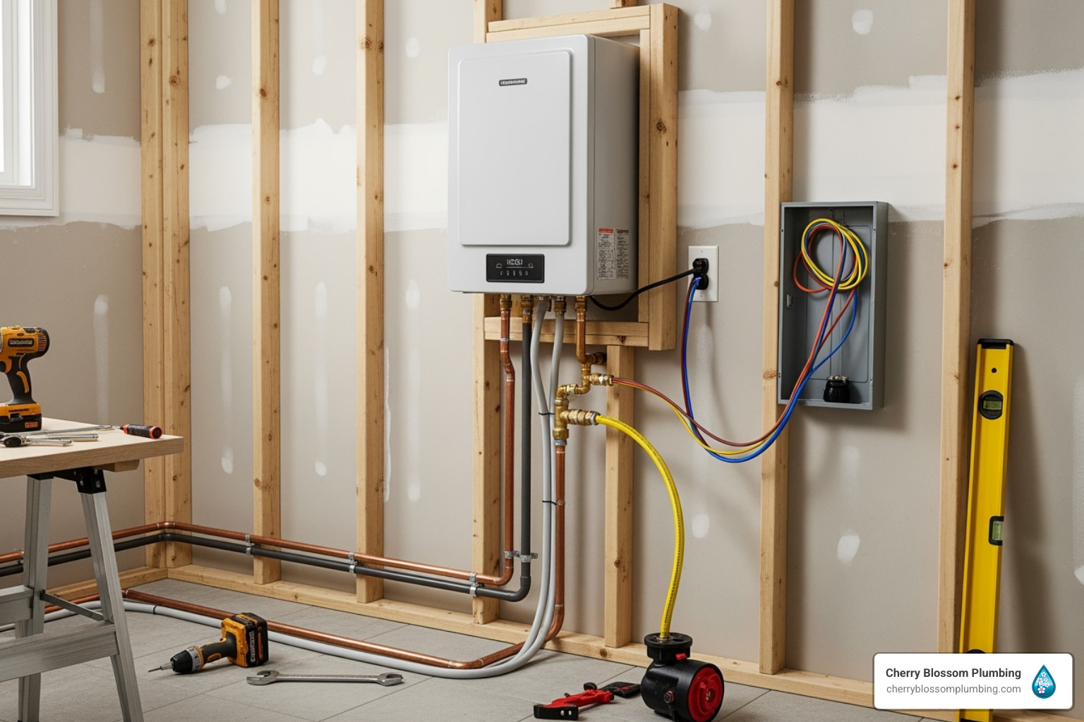 Tankless water heater installation with copper pipes and electrical connections
