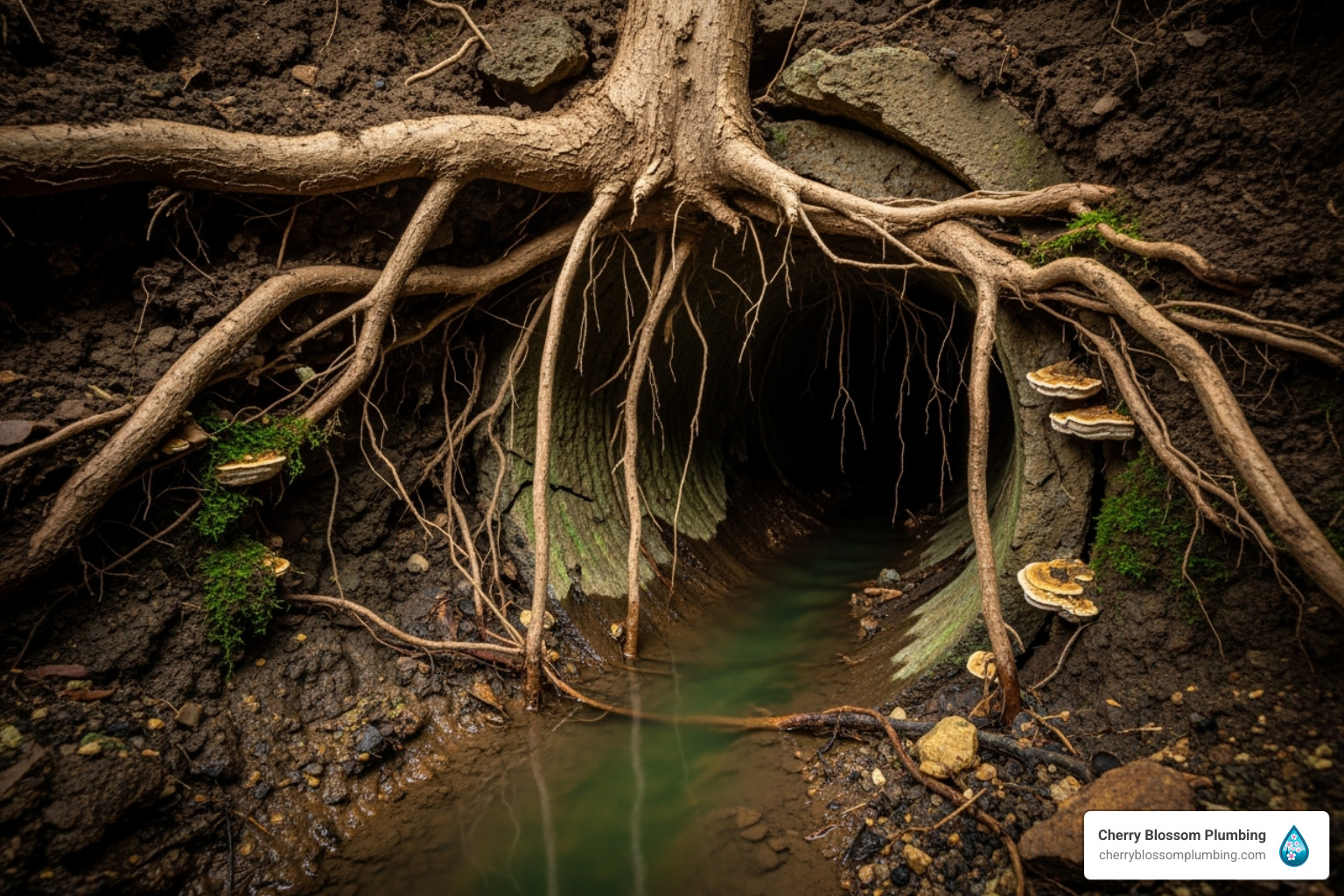 Intricate tree roots exposing underground stream with moss and fungi
