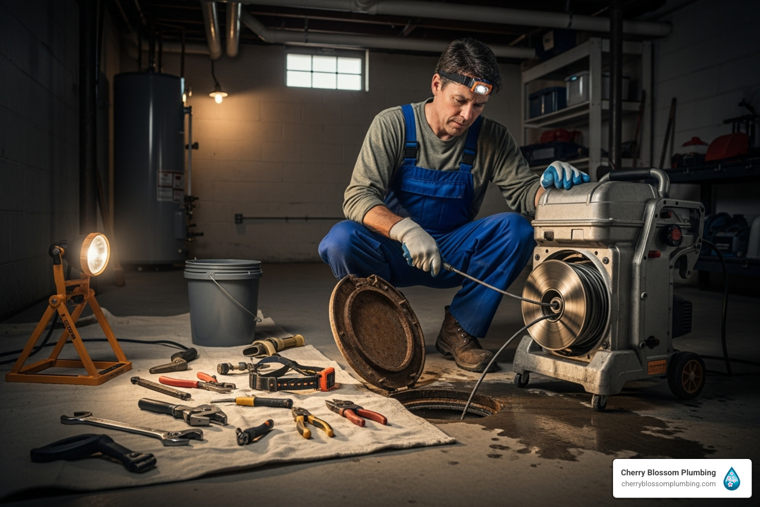 Plumber in blue overalls working on machinery with tools in workshop