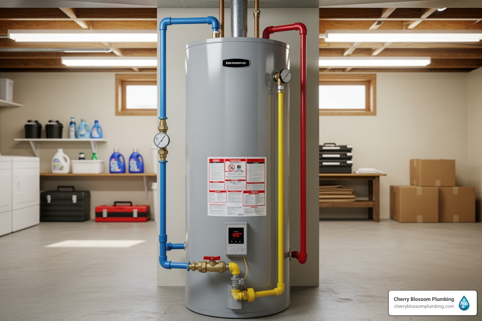 Large water heater with colorful pipes in basement storage room