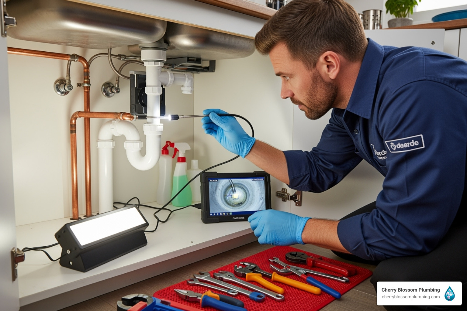Plumber using camera to inspect pipes under sink with tools nearby