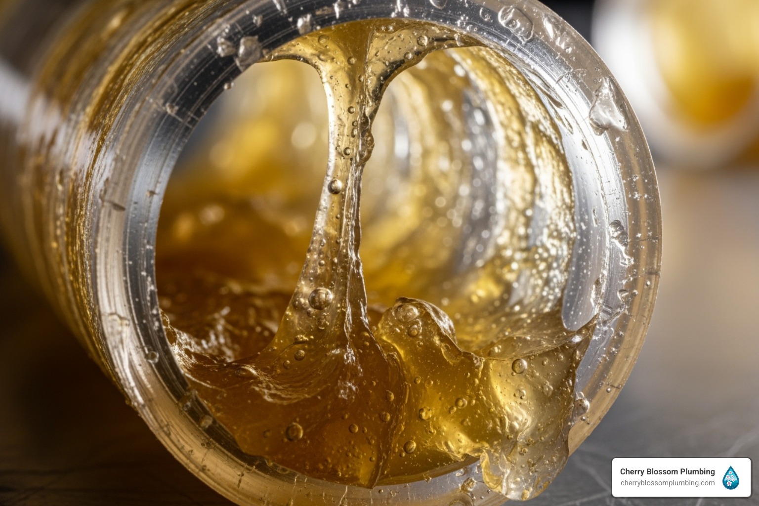 Viscous golden liquid swirling inside transparent glass with water droplets