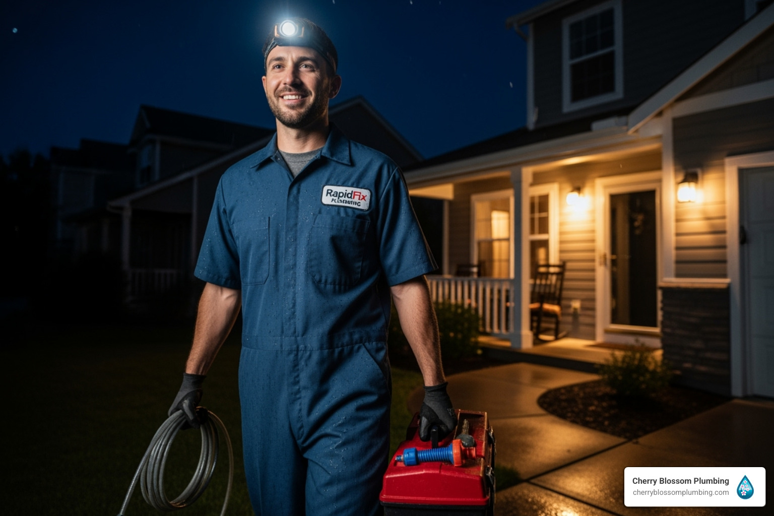 Smiling technician with headlamp carrying equipment outside house at night