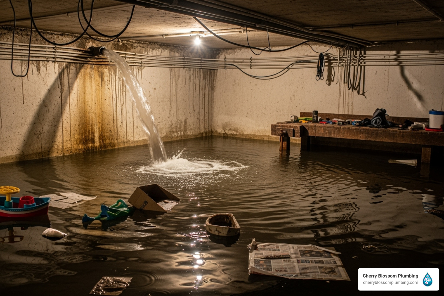 Flooded basement with water pouring in, toys and objects floating around